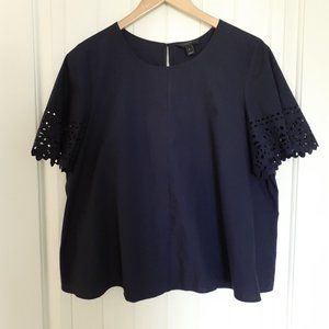 J. Crew Laser Cut Flutter Sleeve Top Navy Blue Size 6
